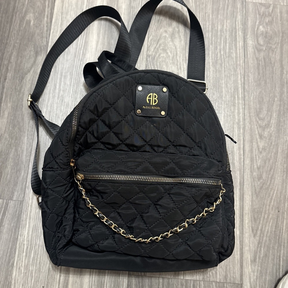 ALEXIS BANDEL Quilted Black Nylon Backpack with Golden Accent Chain